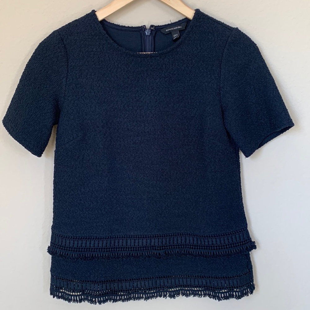 Banana Republic Navy Tweed Blouse with Detailed Hem